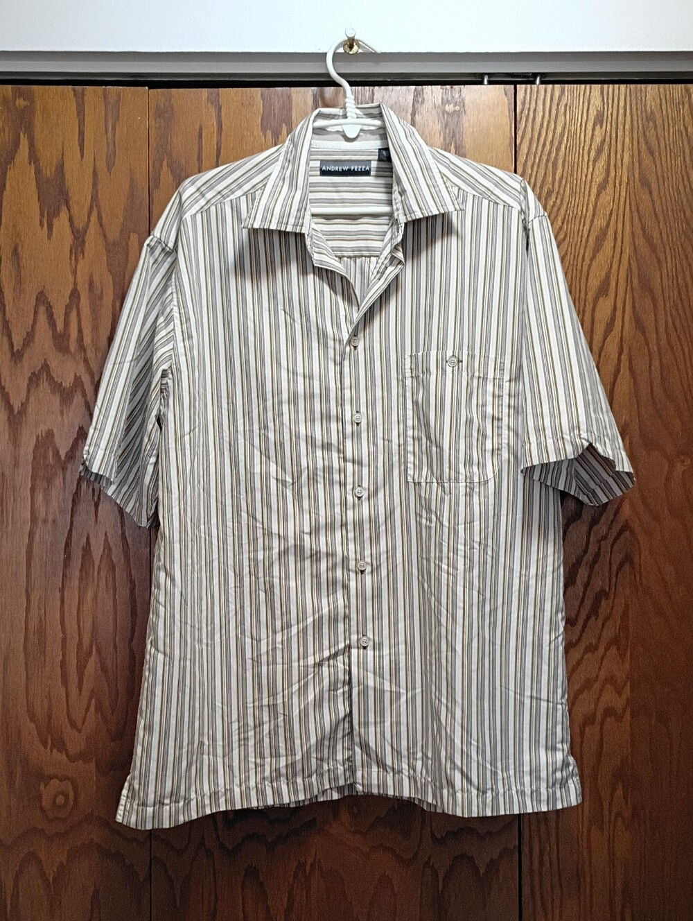 Andrew Fezza Men's Short-Sleeve Button-Up Shirt - Beige & Gray Stripes